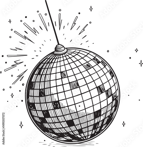 Disco Ball at Night Club for Dance Black and White Vector Illustration, Sketch Drawing Line Linear Symbol Icon Engraving, Hand-drawn Isolated