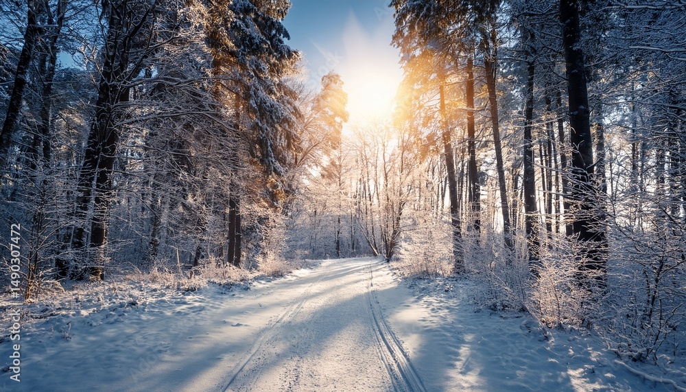 Fototapeta premium icy forest path in winter sunlight