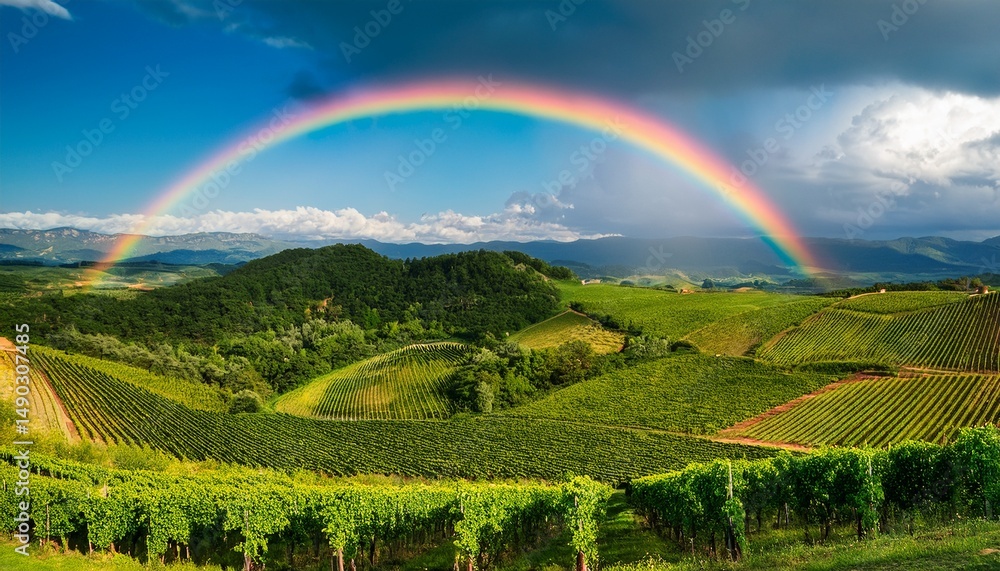 Obraz premium lush green rolling hills vineyard landscape with rainbow