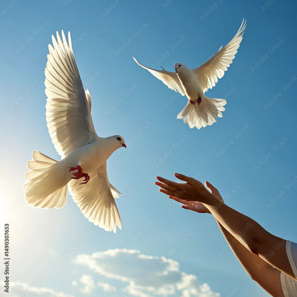 Obraz premium A symbolic image of white doves being released from human hands against a clear blue sky with warm sunlight, ultra hd, 16:9 ratio, sharp focus on feather details and wing motion, natural lighting