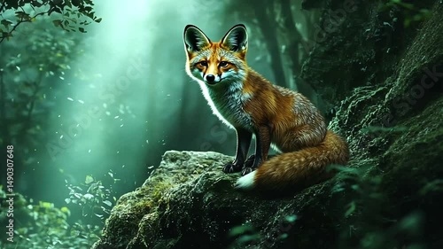 A majestic fox perched on a mossy rock in a serene forest, bathed in soft, ethereal light