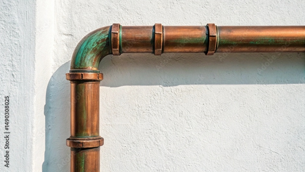 Naklejka premium Close-up view of an aged copper pipe with green and brown oxidation on a textured wall, highlighting the texture and color variations of the metal and the wall surface