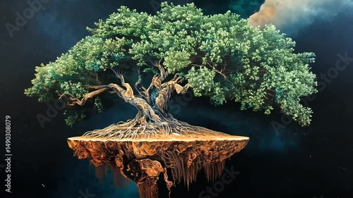 A majestic floating tree with intricate roots and vibrant leaves against a cosmic backdrop