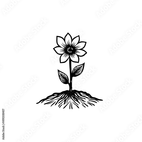 Stylized floral illustration showcasing a cheerful bloom rising from rooted earth