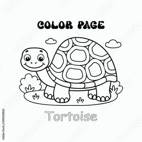 Tortoise Cartoon – Line Art Kids Coloring Page Vector Illustration.