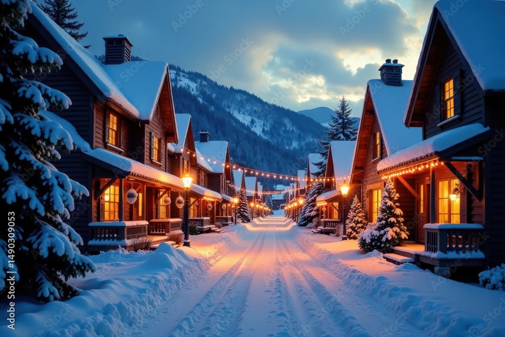 Naklejka premium Snowy village street at dusk with twinkling lights and festive atmosphere , twinkling lights, snowy landscape