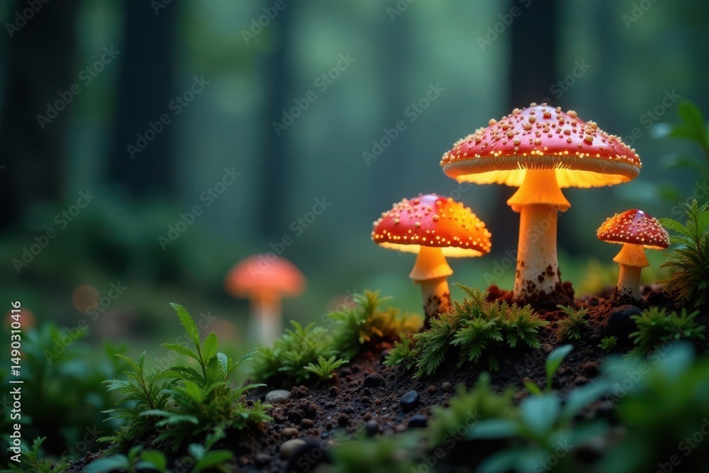 Fototapeta premium Softly glowing mushrooms in a forest clearing, surrounded by ferns and moss, serene forest, fungal growth