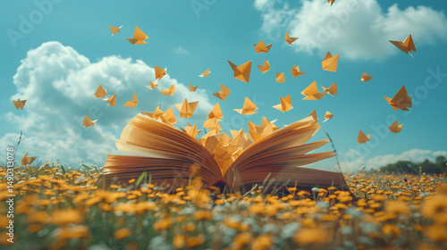 Open book with origami butterflies flying over a field of flowers.