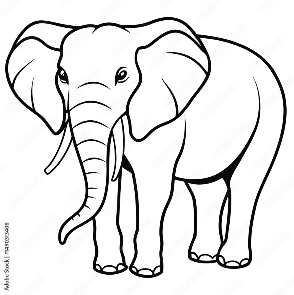 Obraz premium Cartoon elephant vector in black outline. Features big ears, a curly trunk, and a smiling face. Perfect for coloring pages, nursery prints, stickers, posters, printables, baby shower invites 