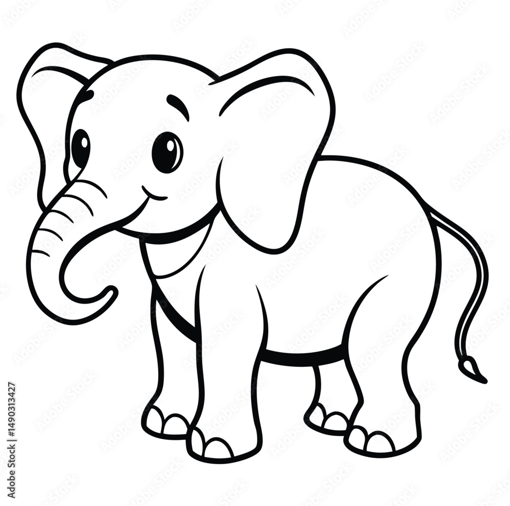 Cartoon elephant vector in black outline. Features big ears, a curly trunk, and a smiling face. Perfect for coloring pages, nursery prints, stickers, posters, printables, baby shower invites Cartoon elephant vector in black outline. Features big ears, a curly trunk, and a smiling face. Perfect for coloring pages, nursery prints, stickers, posters, printables, baby shower invites