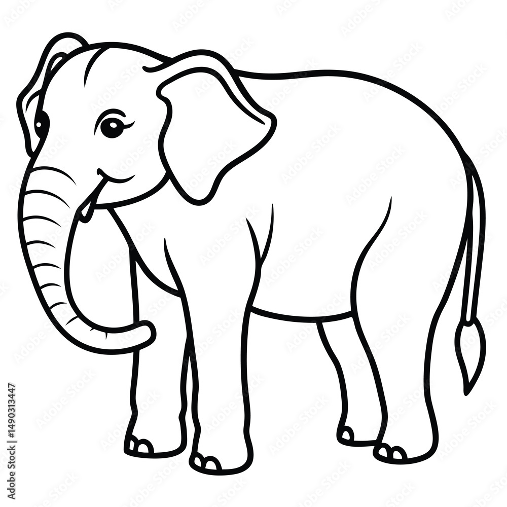 Fototapeta premium Cartoon elephant vector in black outline. Features big ears, a curly trunk, and a smiling face. Perfect for coloring pages, nursery prints, stickers, posters, printables, baby shower invites 