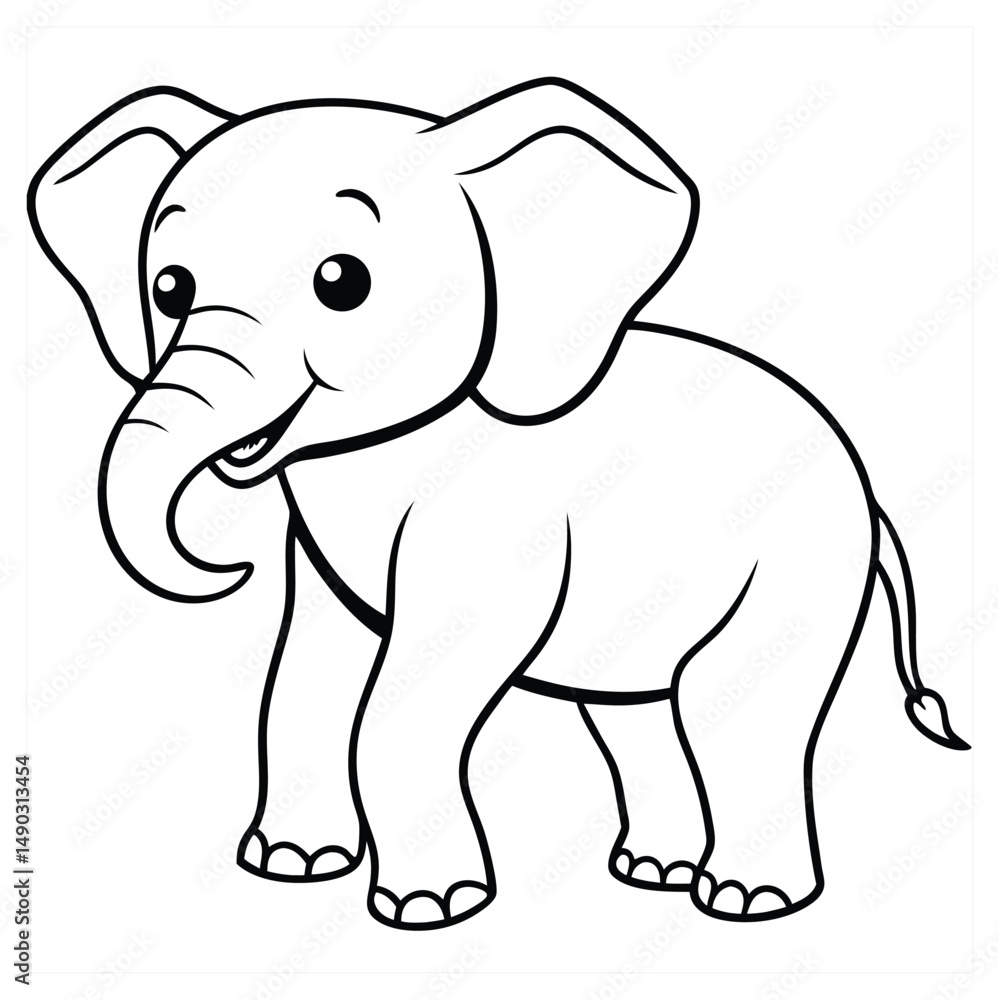 Cartoon elephant vector in black outline. Features big ears, a curly trunk, and a smiling face. Perfect for coloring pages, nursery prints, stickers, posters, printables, baby shower invites Cartoon elephant vector in black outline. Features big ears, a curly trunk, and a smiling face. Perfect for coloring pages, nursery prints, stickers, posters, printables, baby shower invites
