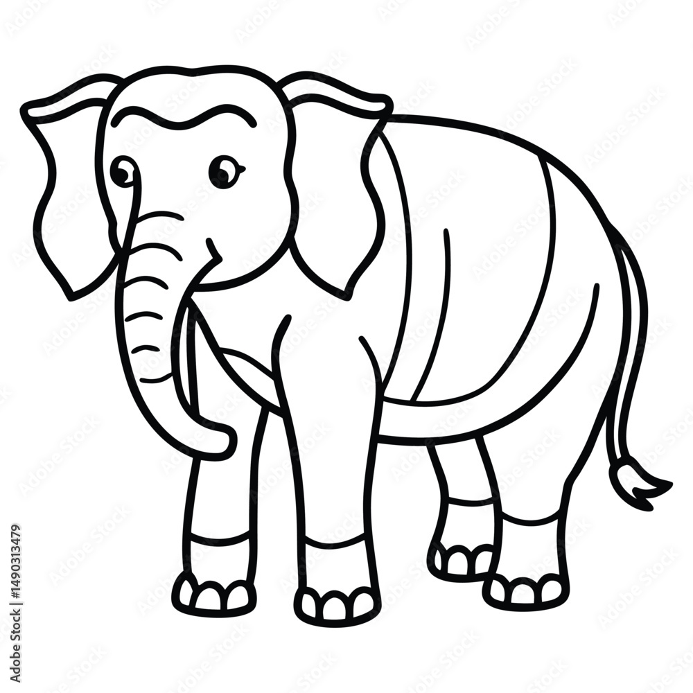 Fototapeta premium Cartoon elephant vector in black outline. Features big ears, a curly trunk, and a smiling face. Perfect for coloring pages, nursery prints, stickers, posters, printables, baby shower invites 