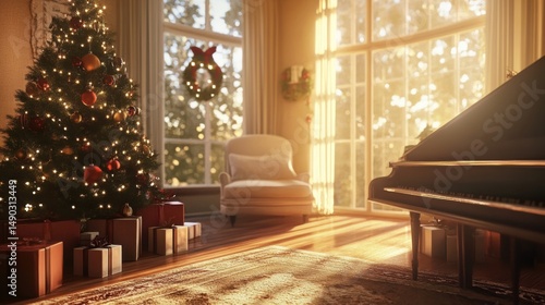Ornate Christmas Tree with Presents and Musical Instrument in Sunlit Room