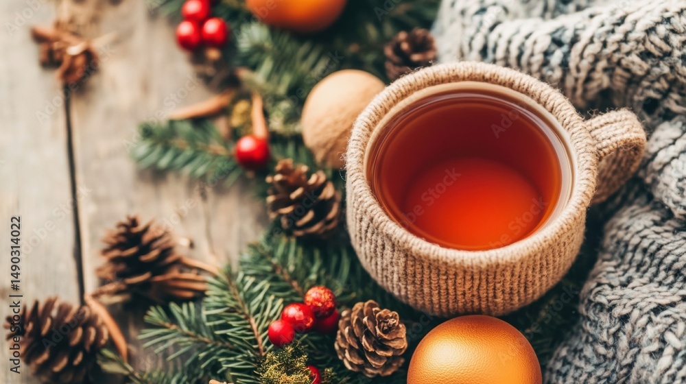 Warm Drink in Sweater Mug with Pinecones and Evergreen Branches Arrangement Warm Drink in Sweater Mug with Pinecones and Evergreen Branches Arrangement