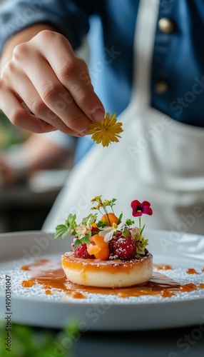 Private chef garnishing a gourmet dessert with edible flowers on a white plate, featuring chocolate mousse, exotic fruits, and creamy orange sauce in an elegant home setting