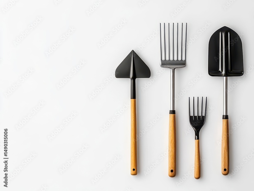 Fototapeta premium Simple garden tools aligned on white background, flat lay minimalist gardening tools