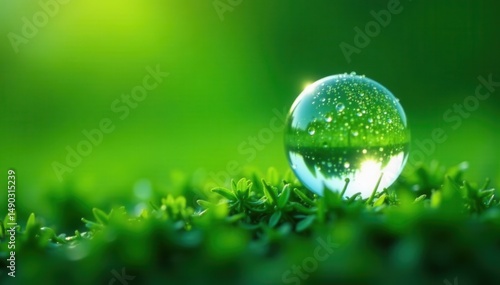 Spherical dew drop on a single vibrant green blade of grass , dewdrop, microscopic