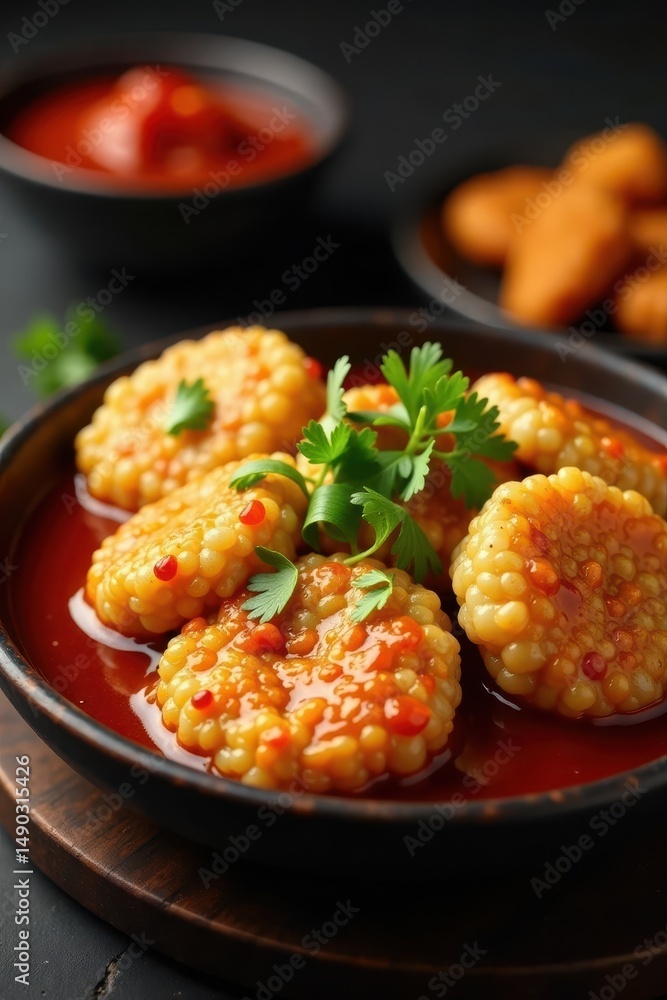 Spicy Korean street food dish made from chewy rice cakes in a sweet and spicy sauce , spicy, sauce Spicy Korean street food dish made from chewy rice cakes in a sweet and spicy sauce , spicy, sauce