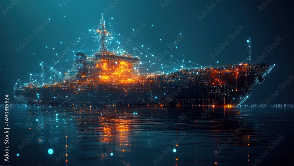 Fototapeta premium Digital Ship at Night: A Futuristic Vessel