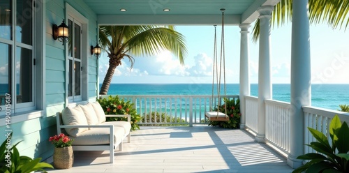 Wraparound porch with swing swaying gently in ocean breeze, nature sounds, oceanfront property