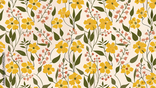 A cheerful floral pattern with vibrant yellow flowers and foliage. This seamless pattern features a multitude of vibrant yellow flowers in a variety of shapes and sizes, interspersed with delicate.