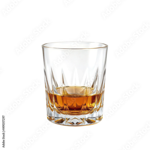 in a simplistic setting, a short, clear glass is partially filled with a brown tinted liquid. the glass features geometric vertical cuts around the exterior
