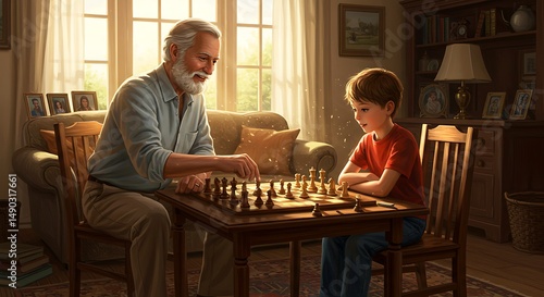 Grandfather and Grandson Playing Chess in a Sunlit Living Room