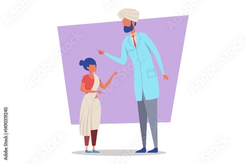 Doctor in traditional attire consulting with young girl in medical office. Doctor discussing health topics with girl, promoting well-being