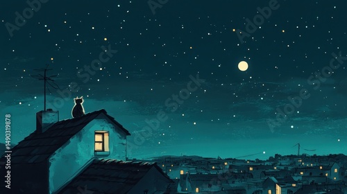 Wallpaper Mural A lone cat sits atop a house roof under a starry night sky, overlooking a town Torontodigital.ca
