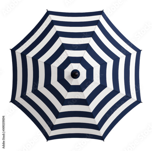 Top View of a Stylish Blue and White Striped Hexagonal Umbrella with Concentric Pattern, Providing Shade and Rain Protection, Isolated on Transparent and White Background