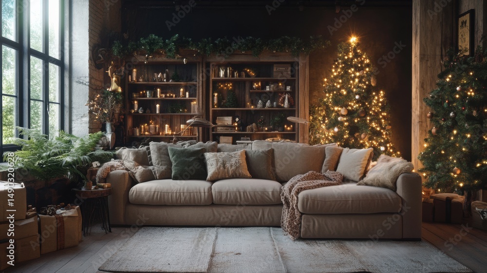 Fototapeta premium Festive Holiday Scene with Christmas Trees, Sofa, and Bookshelves in Cozy Interior