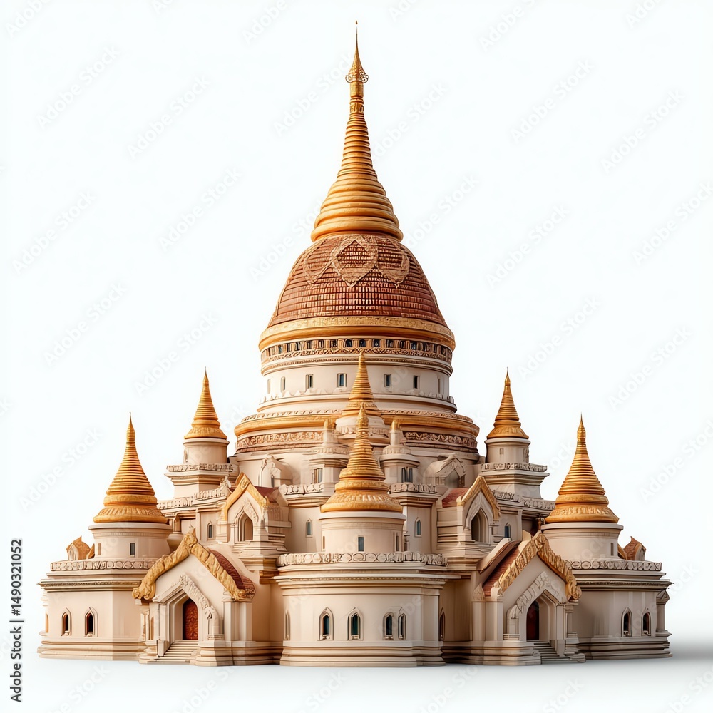 Naklejka premium Magnificent architectural of a golden pagoda:A stunningly detailed depiction of a traditional pagoda with intricate design details, boasting a golden.