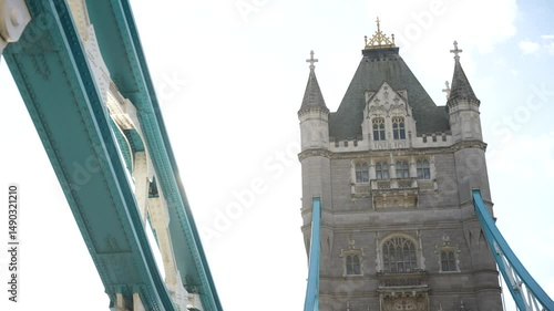 Architectural Detail of Tower Bridge with Blue Suspension Frame