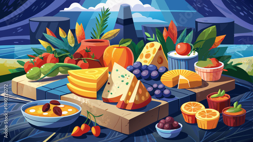 A vibrant array of cheeses and fresh produce displayed on a slate platter at a culinary event in a contemporary setting