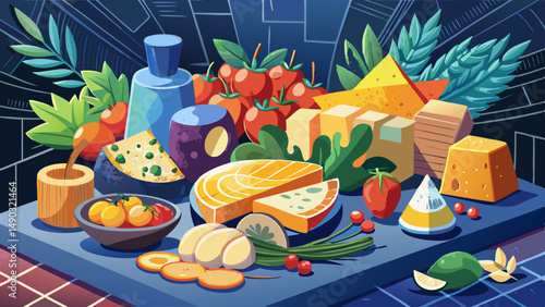 A vibrant array of cheeses and fresh produce displayed on a slate platter at a culinary event in a contemporary setting