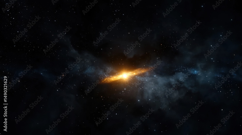 Fototapeta premium Bright cosmic explosion illuminates the dark expanse of space. Starry background enhances the vivid orange and yellow hues emanating from the fiery center