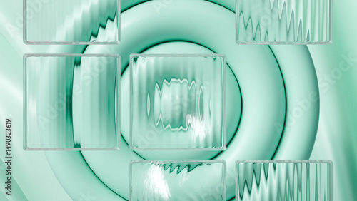 Green mint geometric shapes and reeded glass background