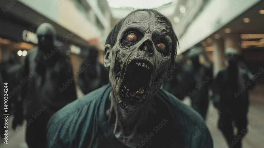 Undead creatures roam a deserted shopping center, their chilling howls echoing through the empty corridors, symbolizing a post apocalyptic nightmare Undead creatures roam a deserted shopping center, their chilling howls echoing through the empty corridors, symbolizing a post apocalyptic nightmare