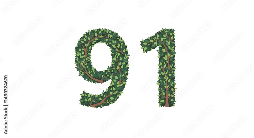 Green Foliage Number Ninety-One Nature-Inspired Typography Design Green Foliage Number Ninety-One Nature-Inspired Typography Design