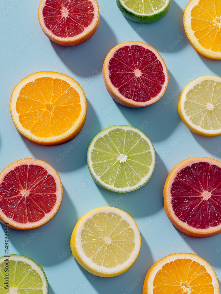 Fototapeta premium Flat lay of multiple citrus slices (lemon, lime, orange) arranged in perfect grid on pastel blue background.