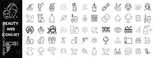 Beauty and Spa set of web icons in line style. Cosmetics services & Spa icons for web and mobile app. Spa treatments, skin care, massage, hyaluronic acid, serum, anti ageing, pore tighten, cosmetology