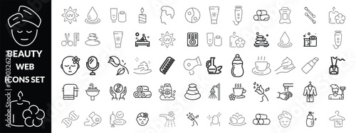 Beauty and Spa set of web icons in line style. Cosmetics services & Spa icons for web and mobile app. Spa treatments, skin care, massage, hyaluronic acid, serum, anti ageing, pore tighten, cosmetology