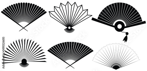 Hand Fan Icon Set – Folding & Rigid Styles in Black and White Vector Collection