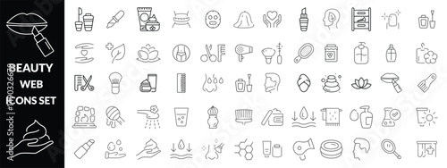 Beauty and Spa set of web icons in line style. Cosmetics services & Spa icons for web and mobile app. Spa treatments, skin care, massage, hyaluronic acid, serum, anti ageing, pore tighten, cosmetology