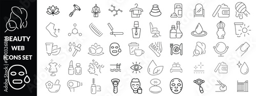 Beauty and Spa set of web icons in line style. Cosmetics services & Spa icons for web and mobile app. Spa treatments, skin care, massage, hyaluronic acid, serum, anti ageing, pore tighten, cosmetology