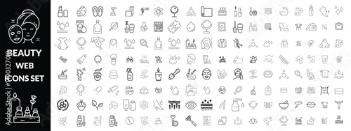 Beauty and Spa set of web icons in line style. Cosmetics services & Spa icons for web and mobile app. Spa treatments, skin care, massage, hyaluronic acid, serum, anti ageing, pore tighten, cosmetology