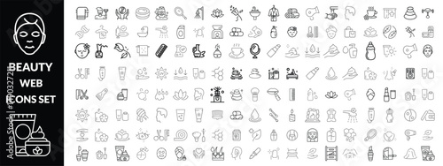 Beauty and Spa set of web icons in line style. Cosmetics services & Spa icons for web and mobile app. Spa treatments, skin care, massage, hyaluronic acid, serum, anti ageing, pore tighten, cosmetology