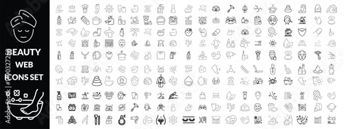 Beauty and Spa set of web icons in line style. Cosmetics services & Spa icons for web and mobile app. Spa treatments, skin care, massage, hyaluronic acid, serum, anti ageing, pore tighten, cosmetology