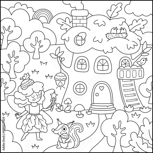 Vector black and white square fairyland background with acorn fairy, treehouse, squirrel. Magic land line landscape. Woodland scenery with princess. Fantasy forest scene illustration, coloring page